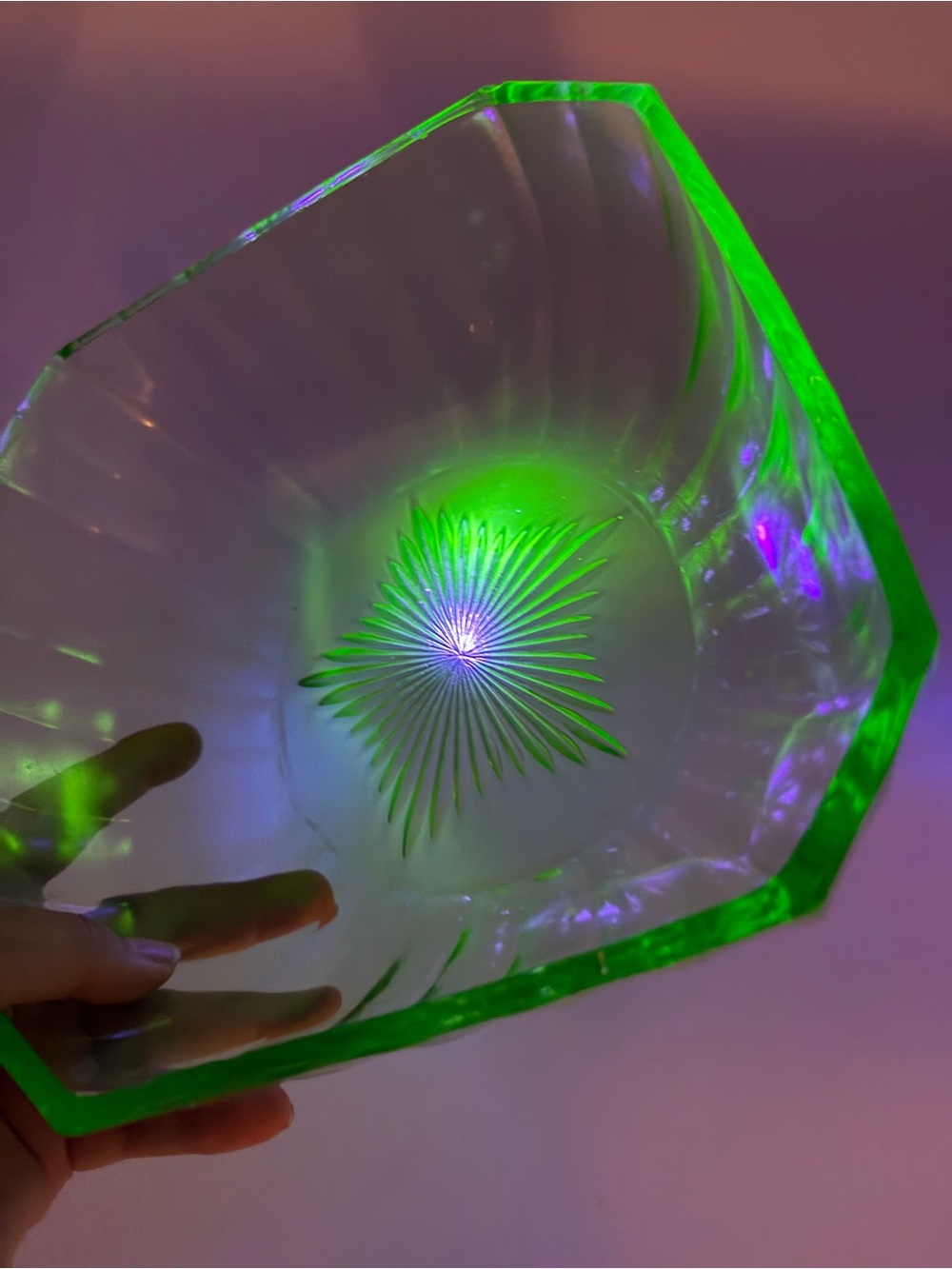 Vintage Uranium Glass Bowl, Glowing Green Starburst Dish 1930s